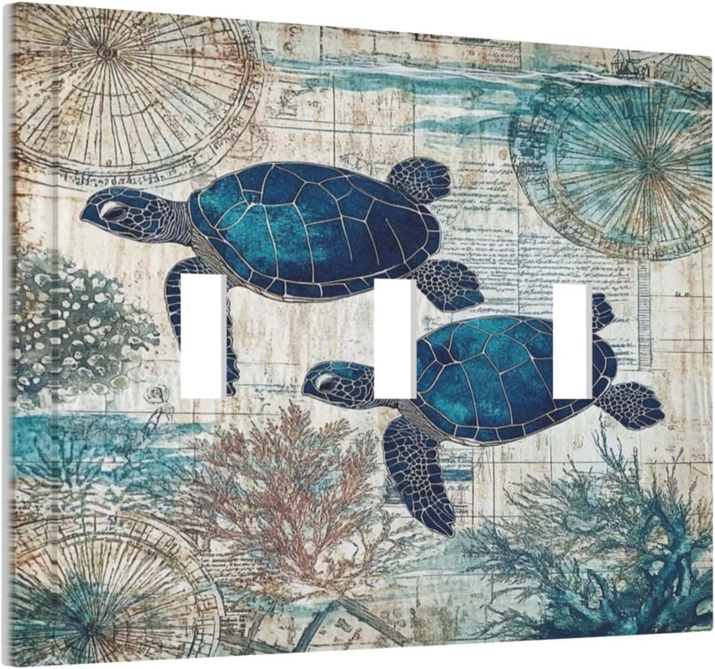 Blue Green Sea Turtle Tropical Ocean Coral Nautical Map Decorative Switch Plates 3 Gang Wall Plate Triple Toggle Light Switch Cover Faceplate Electrical Wall Panels For Bed Room Bathroom Decor