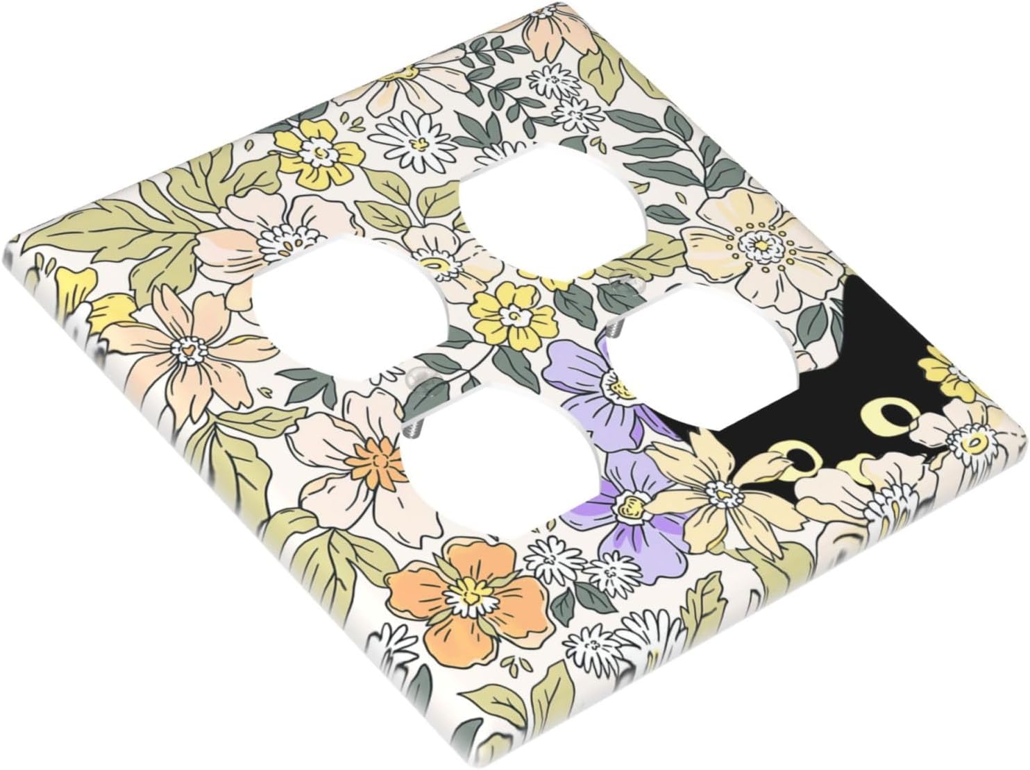 Decorative Outlet Covers Cute Black Cat in a Flower Patch Botanical Garden 2 Gang Wall Plate Double Duplex Receptacle Light Switch Covers Switch Plate Cover for Bedroom Home Decor