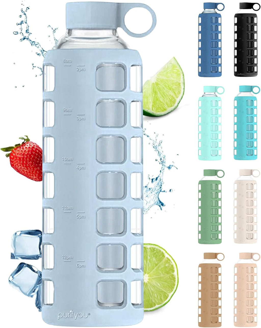 purifyou 40oz / 32oz / 22oz / 12oz Borosilicate Glass Water Bottle with Time & Volume Markers, Silicone Sleeve, Stainless Steel Lid | Reusable Glass Bottle for Water & Juice (32oz Ice Blue)