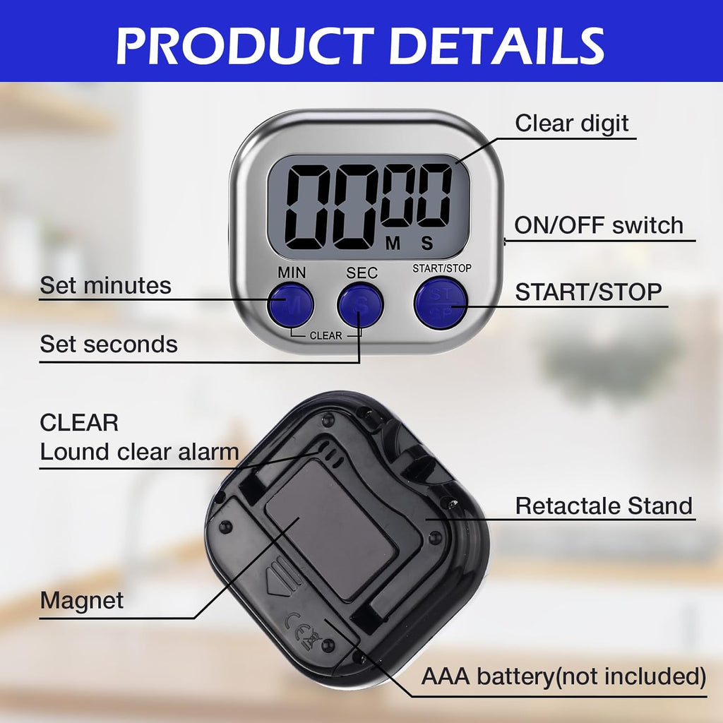Leumoi 24 Pcs Digital Kitchen Timers Magnetic Back Timers Bulk Large Screen Loud Alarm On/Off Switch Minute Second Count up Countdown Memory Setting for Cooking Classroom Exercise (Sliver and Blue)