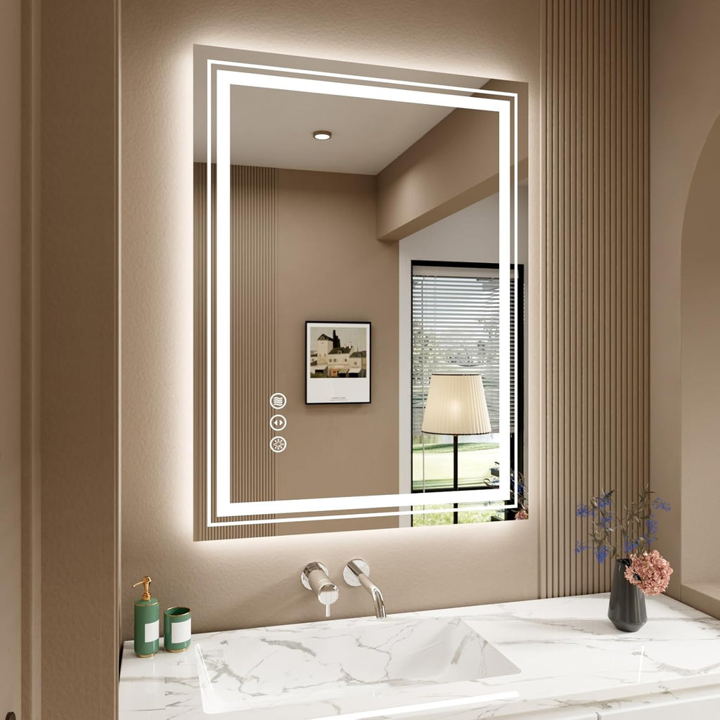 WTTY LED Bathroom Mirror 32x24 Inch, Front Light and Backlit LED Mirror for Bathroom, Lighted Vanity Mirror for Wall, Stepless Dimmable, Anti-Fog, Shatter-Proof, Memory, Double LED Vanity Mirror