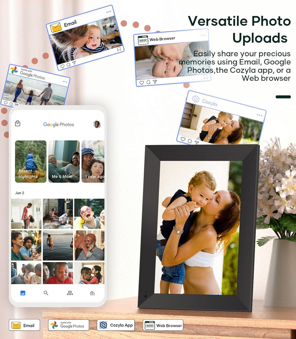 Cozyla Digital Photo Frame WiFi Smart Digital Picture Frame Free Unlimited Storage Share Photo with Family and Friend via App Email Google Photos Instagram Web Browser Photo Frame Electronic 10.1 Inch