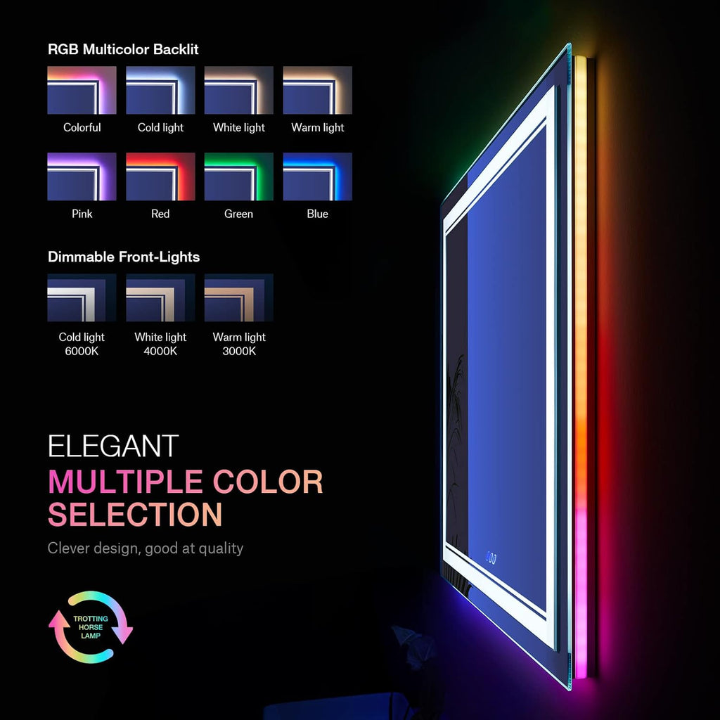 36x36 inch Lighted Bathroom Mirror for Wall,Front Lighted and RGB Backlit LED Bathroom Mirror with Lights,Tempered Glass/Dimmable/Anti-Fog/Square Mirror