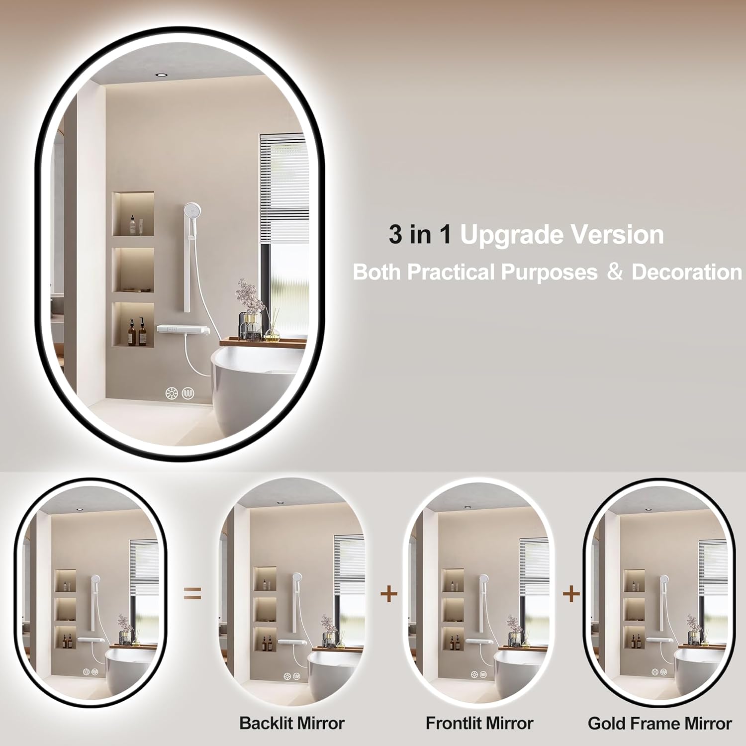 S'bagno 24x36 Oval Black LED Mirror for Bathroom with Frontlit & Backlit, LED Bathroom Mirror with Metal Frame, Anti-Fog, Stepless Dimmable, 3 Colors Temperature LED Vanity Mirror(Horizontal/Vertical)