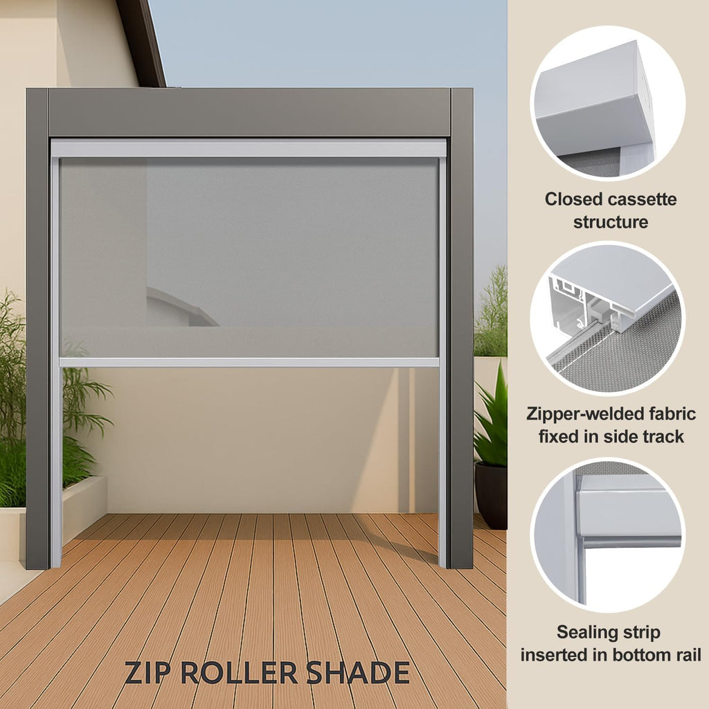 ZSHINE Hard-Wired Outdoor Snow Blocking Weatherproof Motorized Patio Roller Shades Remote Control for Porch Balcony Customized Size (White 10% Openness)
