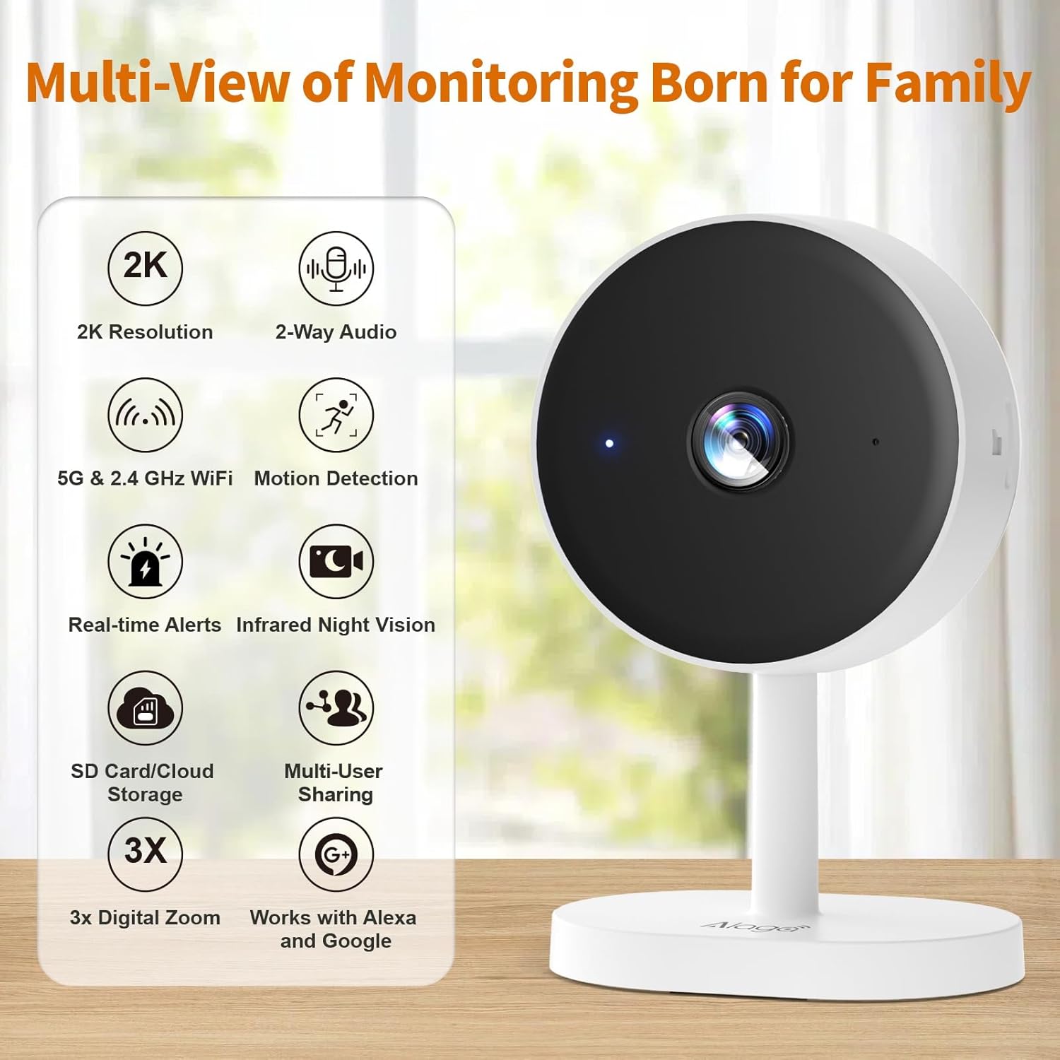 Alaga WiFi Indoor Security Camera, Baby Monitor, AI Motion Detection, 2 Way Audio, Night Vision, Cloud and SD Card Storage, Compatible with Alexa and Google Assistant, with 32G TF Card