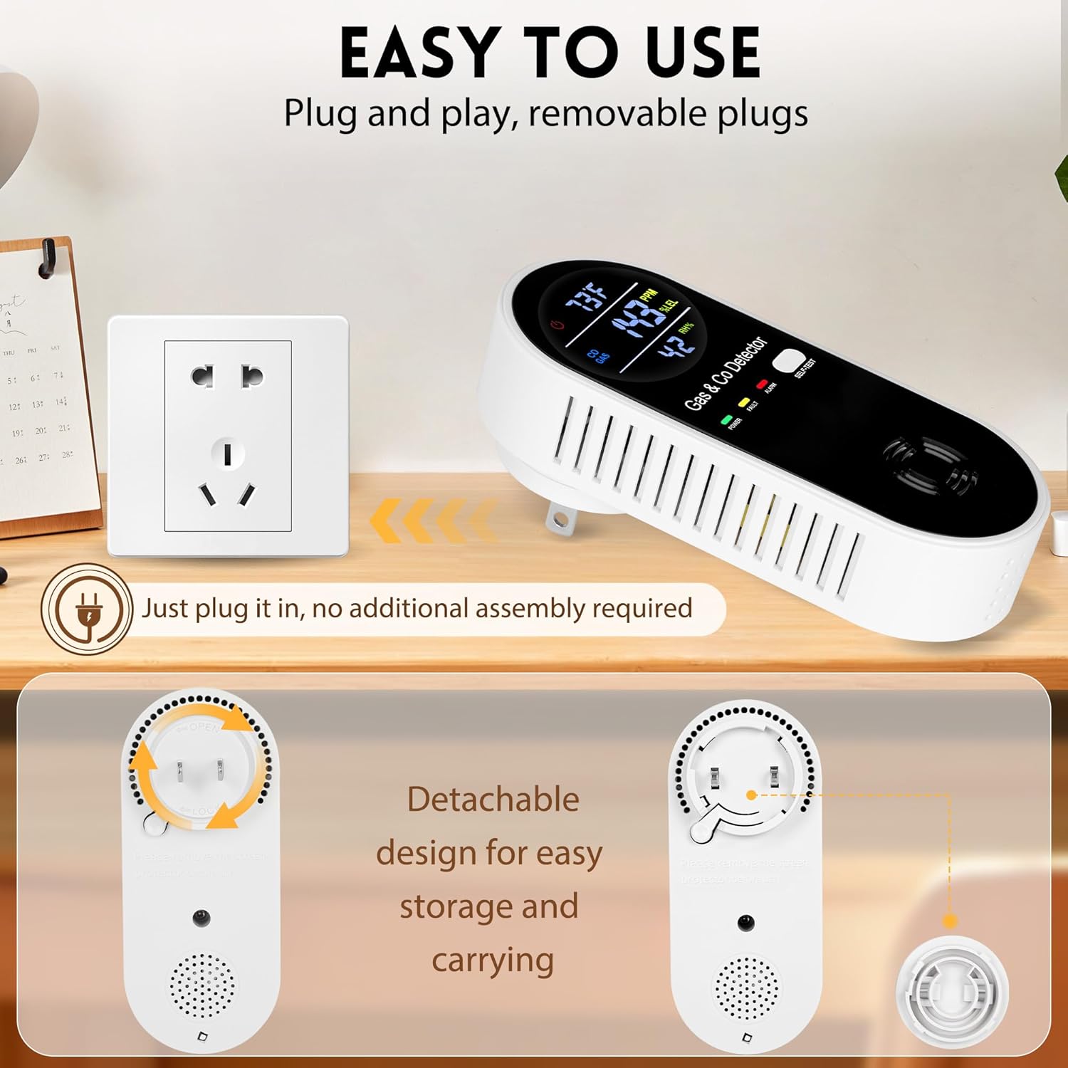 4 Packs Carbon Monoxide Detectors Plug in, 4-in-1 Natural Gas Leak Detector & Carbon Monoxide Detectors with Temperature & Humidity, Natural Gas Detectors for Home/Apartment/RV