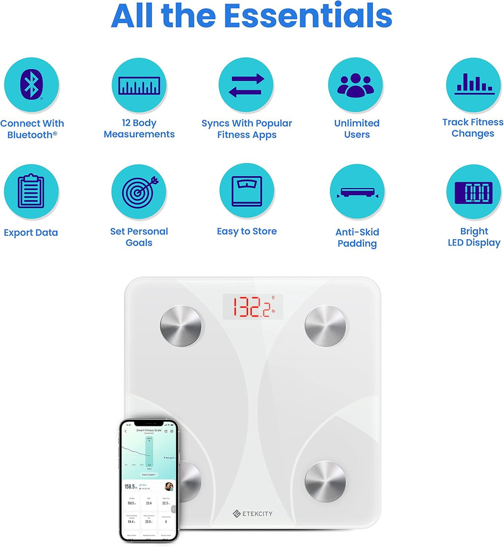 Etekcity Scale for Body Weight, Smart Digital Bathroom Weighing Scales with Body Fat and Water Weight for People, Bluetooth BMI Electronic Body Analyzer Machine, 400lb