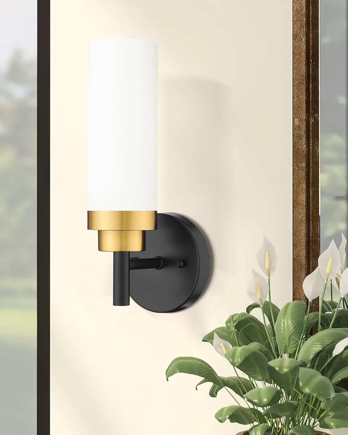 Emak Modern Wall Sconce, Black and Gold Bathroom Light Fixtures with Milk Glass Shade, Sconces Wall Lighting for Bathroom, Bedroom, Living Room, Hallway, WS085-BKBGD-ML