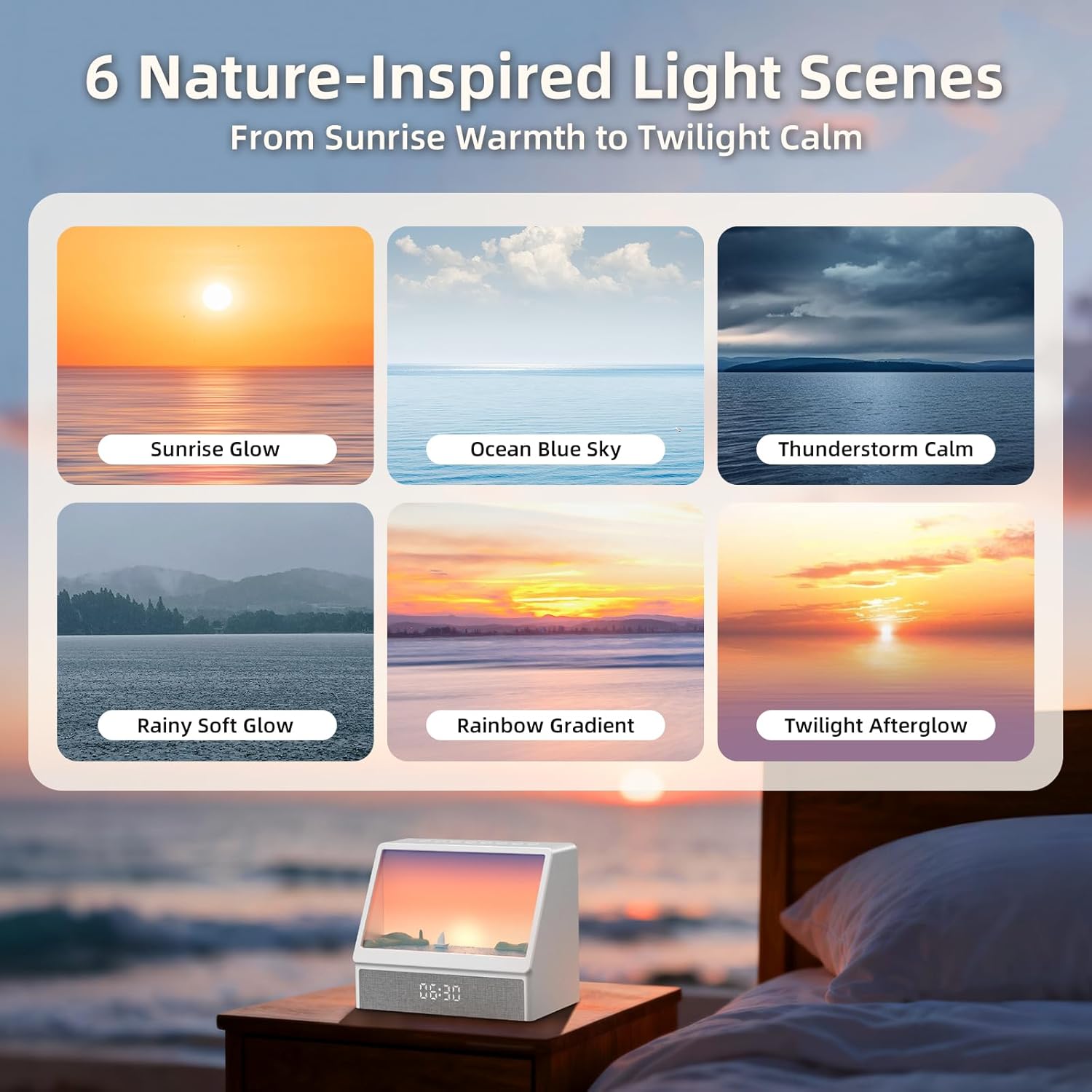 Ocean Sunrise Alarm Clock Wake Up Light, 6 Nature Scenes, White Noise, Sunset Simulation, Sleep Aid Night Light for Bedroom, Kids and Adults