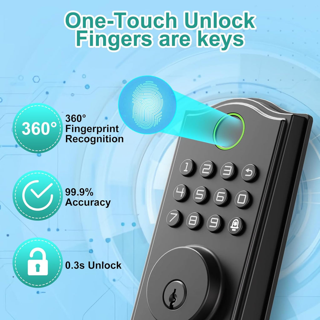 Smart Front Door Lockset, Keyless Entry Deadbolt with Handle, Fingerprint/App/Code/Key Unlock, Anti-Peeping Keypad, Auto-Lock, Easy Install