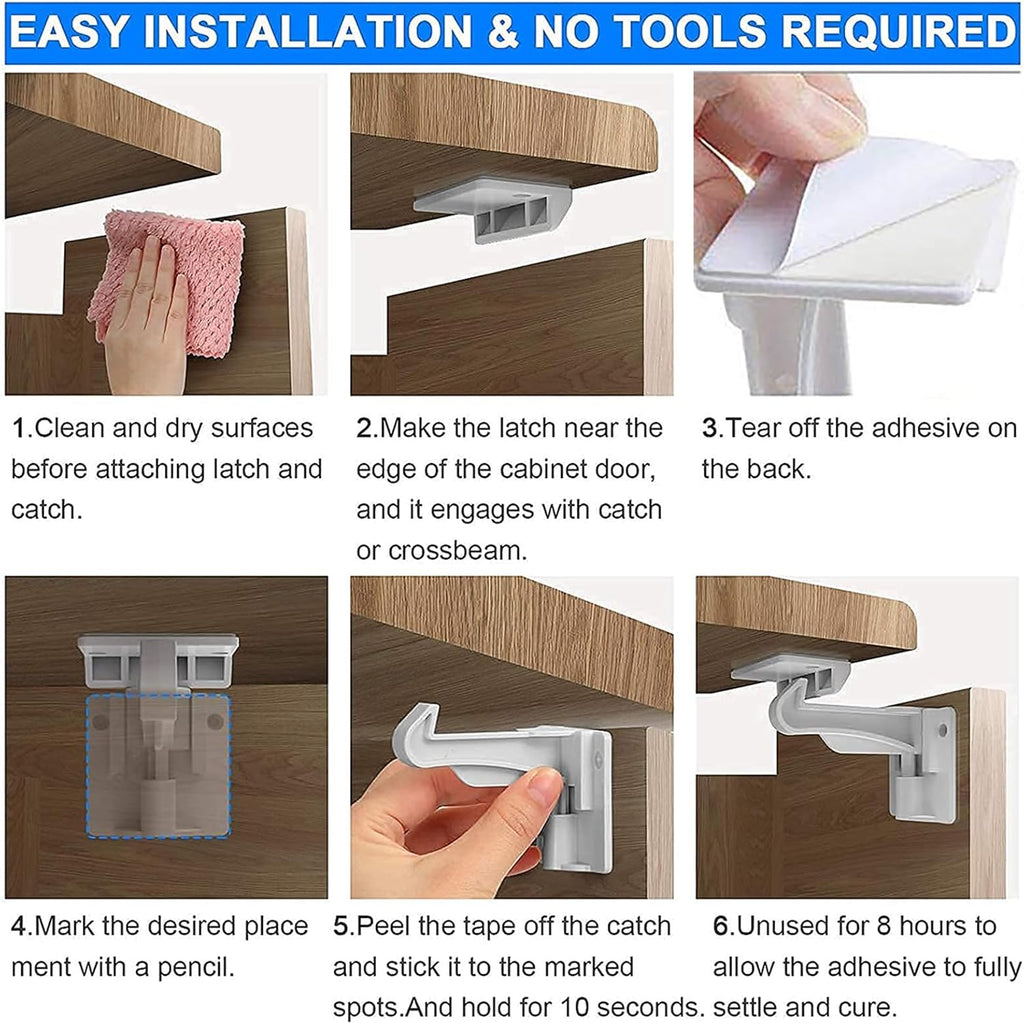 6 Pack Upgraded Invisible Baby Proofing Cabinet Latch Locks – No Drilling or Tools Needed, Fits Most Cabinets & Drawers, Works with Countertop Overhangs, Strong Adhesive for Easy & Secure Installation