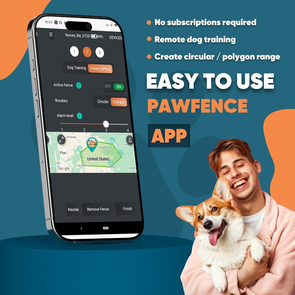 GPS Electric Dog Fence with Free App, Wireless Fence System with Training Collar, Portable Fence for Outdoor Use, Rechargeable Waterproof Flexiable Collar, Adjustable of Dogs (Gray)