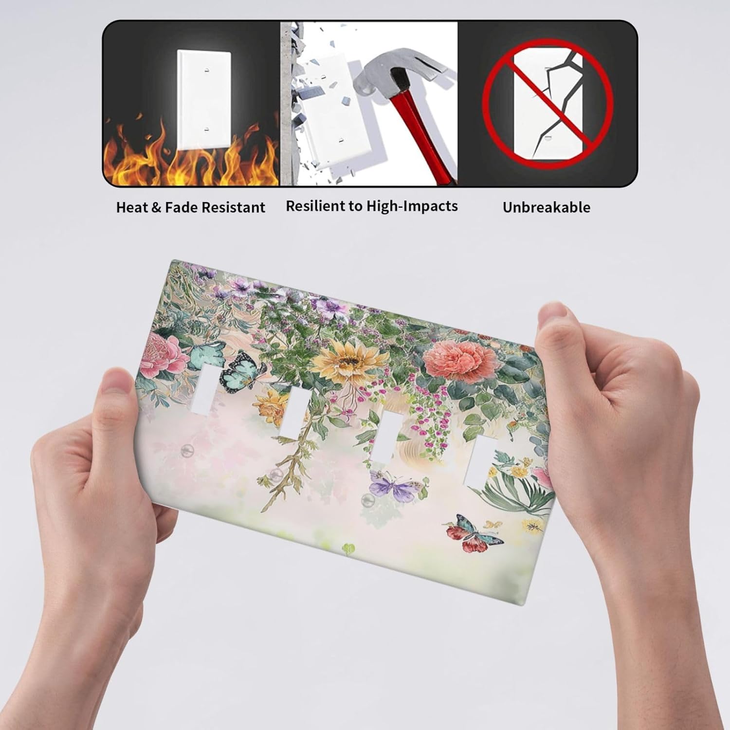 Light Switch Cover Plate Rustic Floral Watercolor Flower Blossom Butterfly Quad Toggle Wall Plates Decorative Switch Plates 4 Gang Outlet Covers Electrical Panel Cover Faceplate for Home 4.5 X 8 IN