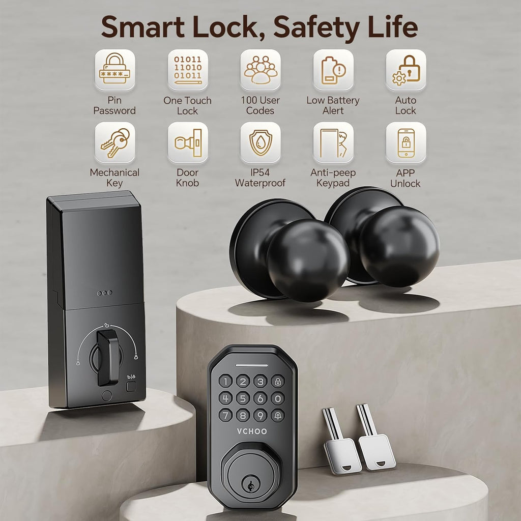 Keyless Entry Door Lock with Handle, App Control Door Locks for Front Door, Auto Lock Keypad Door Lock with Handle, Smart Door Lock for Home Hotel Bedroom with 2 Door Knobs
