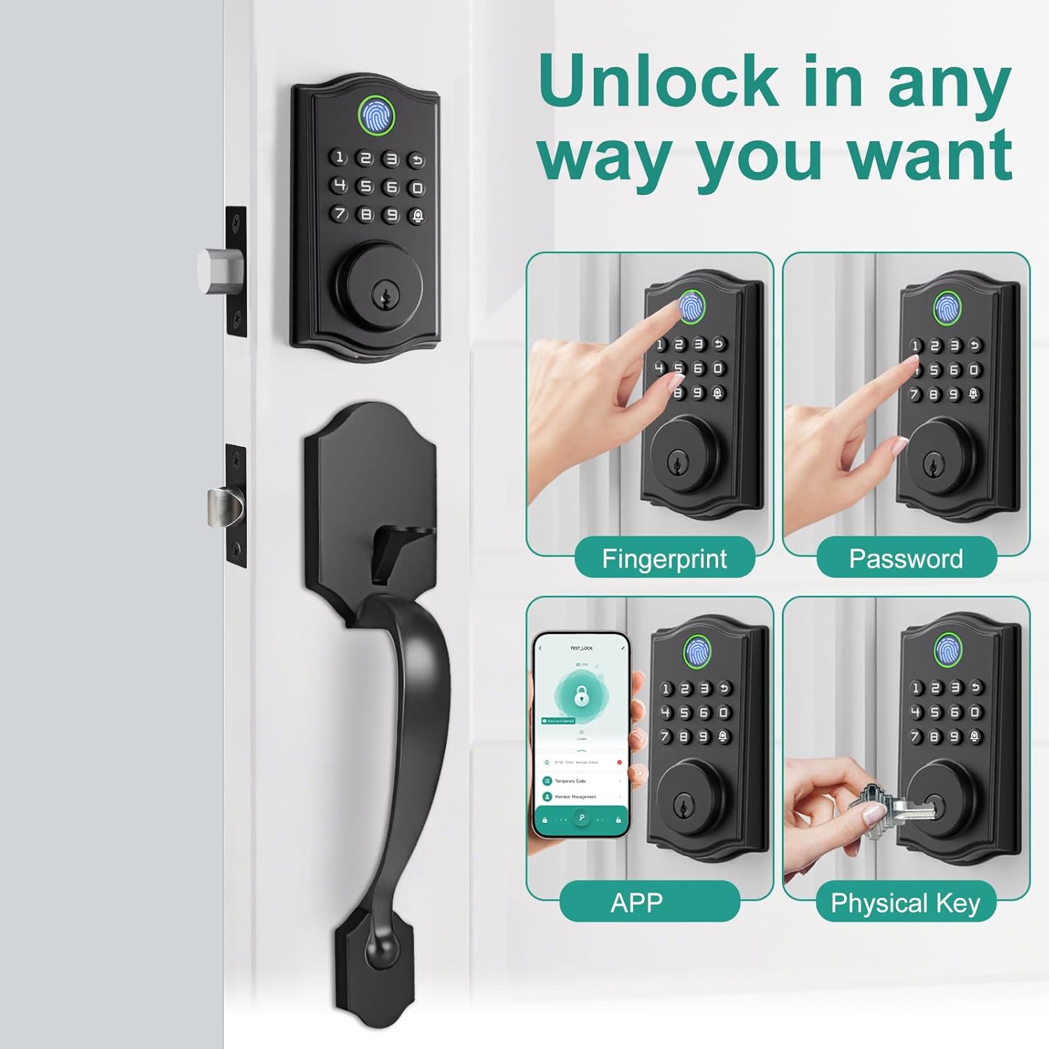 Smart Front Door Lockset, Keyless Entry Deadbolt with Handle, Fingerprint/App/Code/Key Unlock, Anti-Peeping Keypad, Auto-Lock, Easy Install