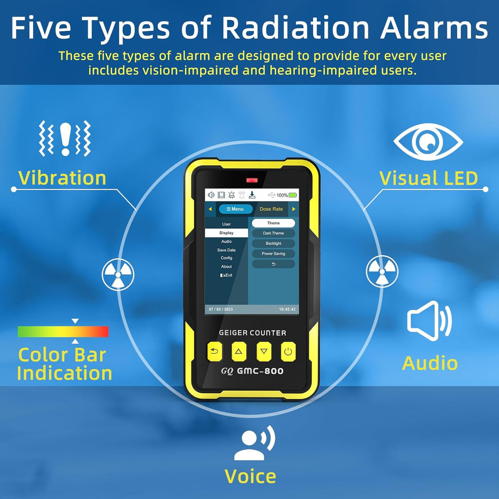 Nuclear Radiation Detector GQ GMC-800 Geiger Counter USA Design Product US National Standard Large Color LCD Display 5 Alarm Types Dosimeter Data Save & Global Share Beta Gamma X-ray Portable Device