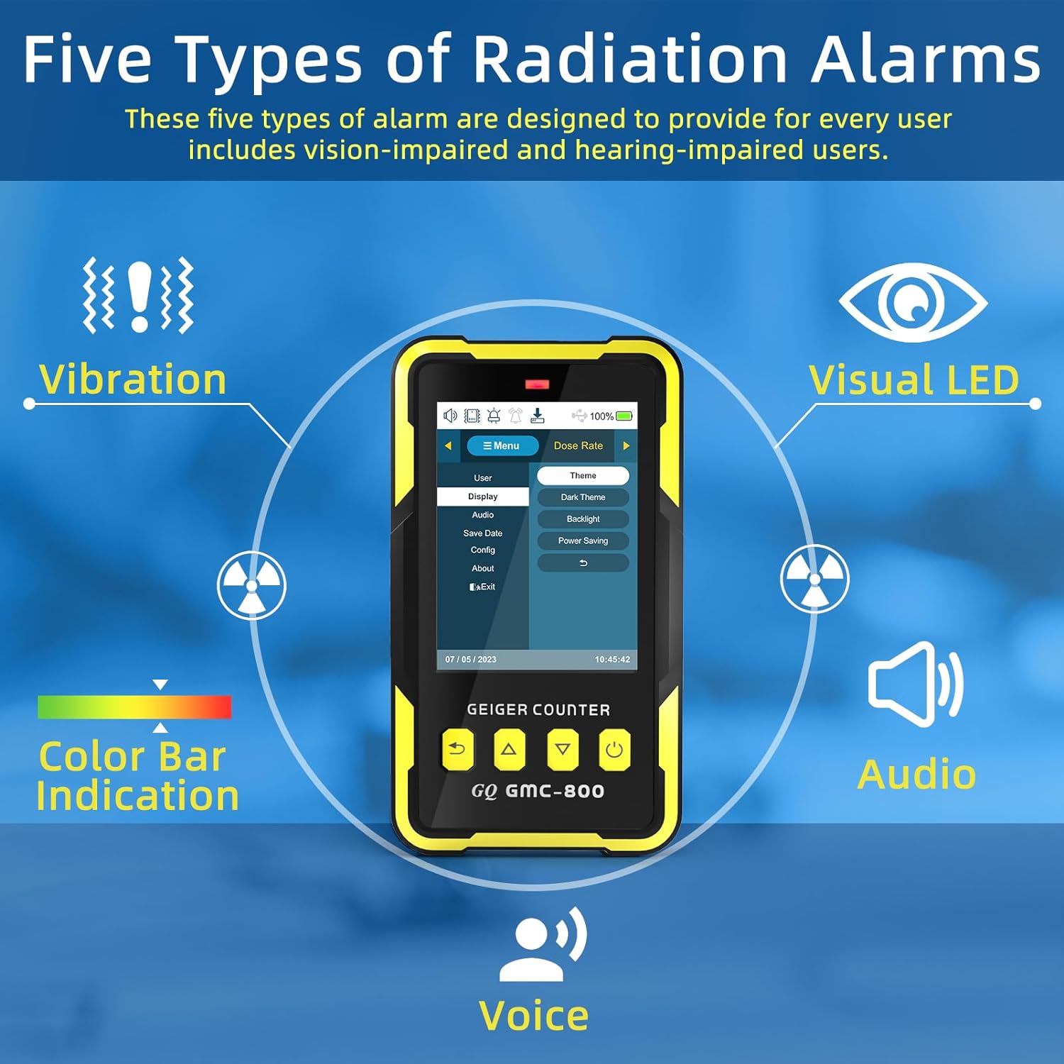 Nuclear Radiation Detector GQ GMC-800 Geiger Counter USA Design Product US National Standard Large Color LCD Display 5 Alarm Types Dosimeter Data Save & Global Share Beta Gamma X-ray Portable Device