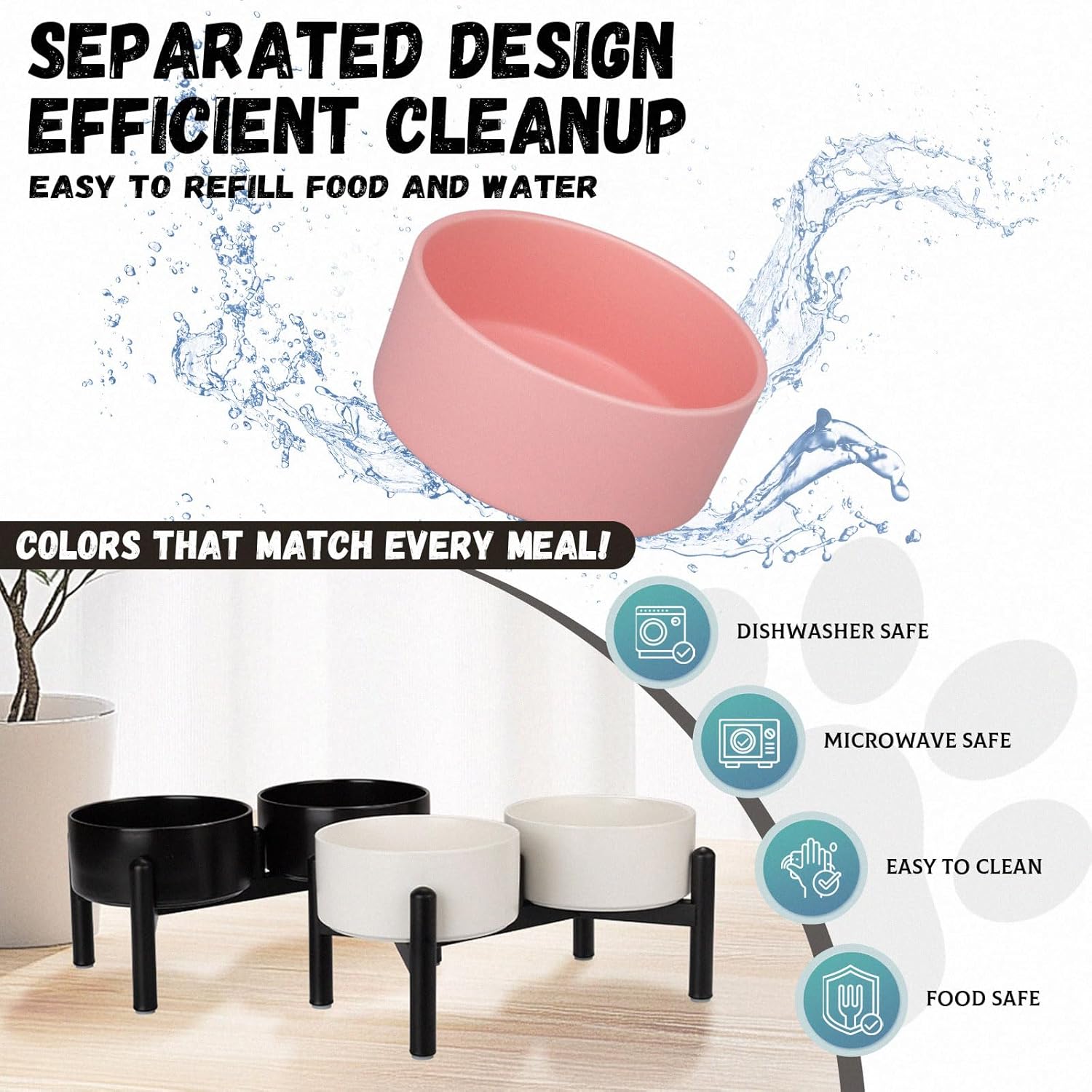 Raised Ceramic Dog Bowl Set - Elevated Double Dishes with Stainless Steel Stand - Food and Water Bowls for Small to Medium Dogs - Each Holds 2 Cups (28.75 fl oz) - Black
