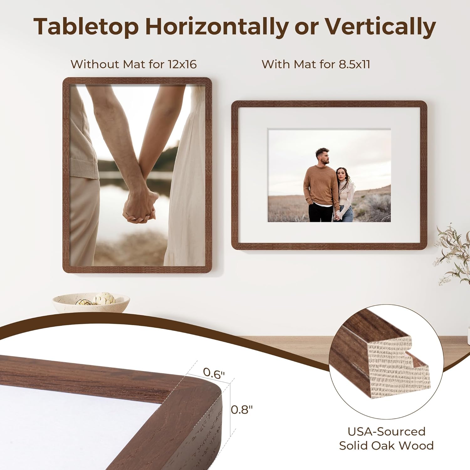 Solid Oak Wood 12x16 Picture Frame, Farmhouse 12 x 16 Wooden Frames, 12x16 Frame Matted to 8.5x11, Tempered Real Glass, 12"x16" Frames Minimalist Art Frame for Home Deocr, Walnut Color, 1 Pack