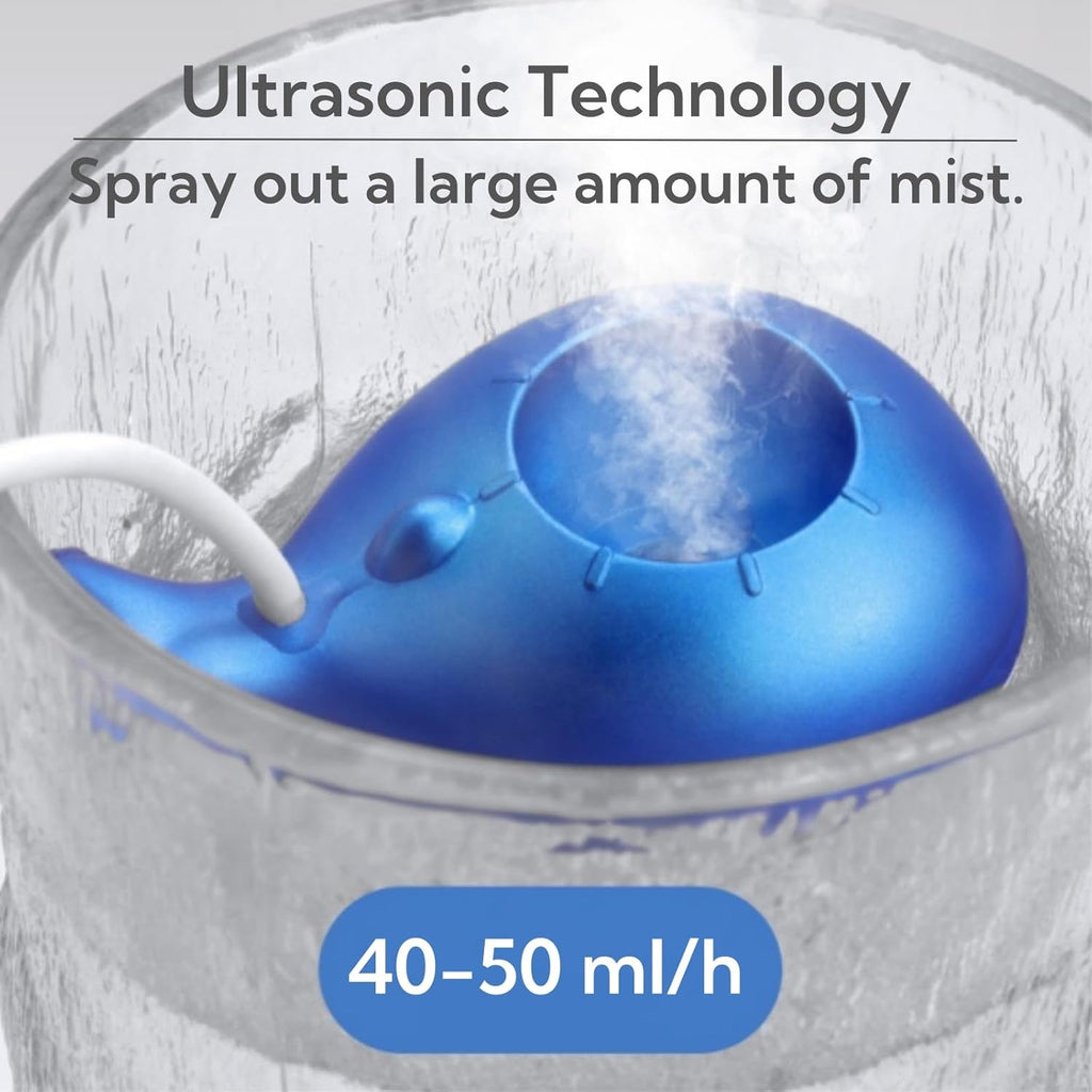 Portable Small Humidifier Dual Nozzle - Large Cool Mist Humidifiers Double Spray Ports, Water Shortage Protection, Ultra-Quiet, Mini Humidifier for Bedroom Plants Office Car Travel (Whale Tankless)