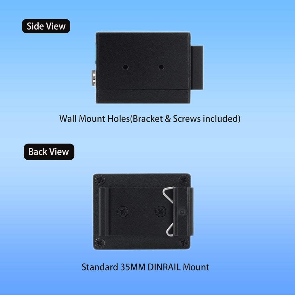 3 Port Industrial Ethernet Switch Unmanaged 2 x 10/100/1000M RJ45 Copper Ports with 1 Gigabit SFP Fiber Uplink Slot Wide Temperature Range Plug and Play Commercial/Industrial Network Solution