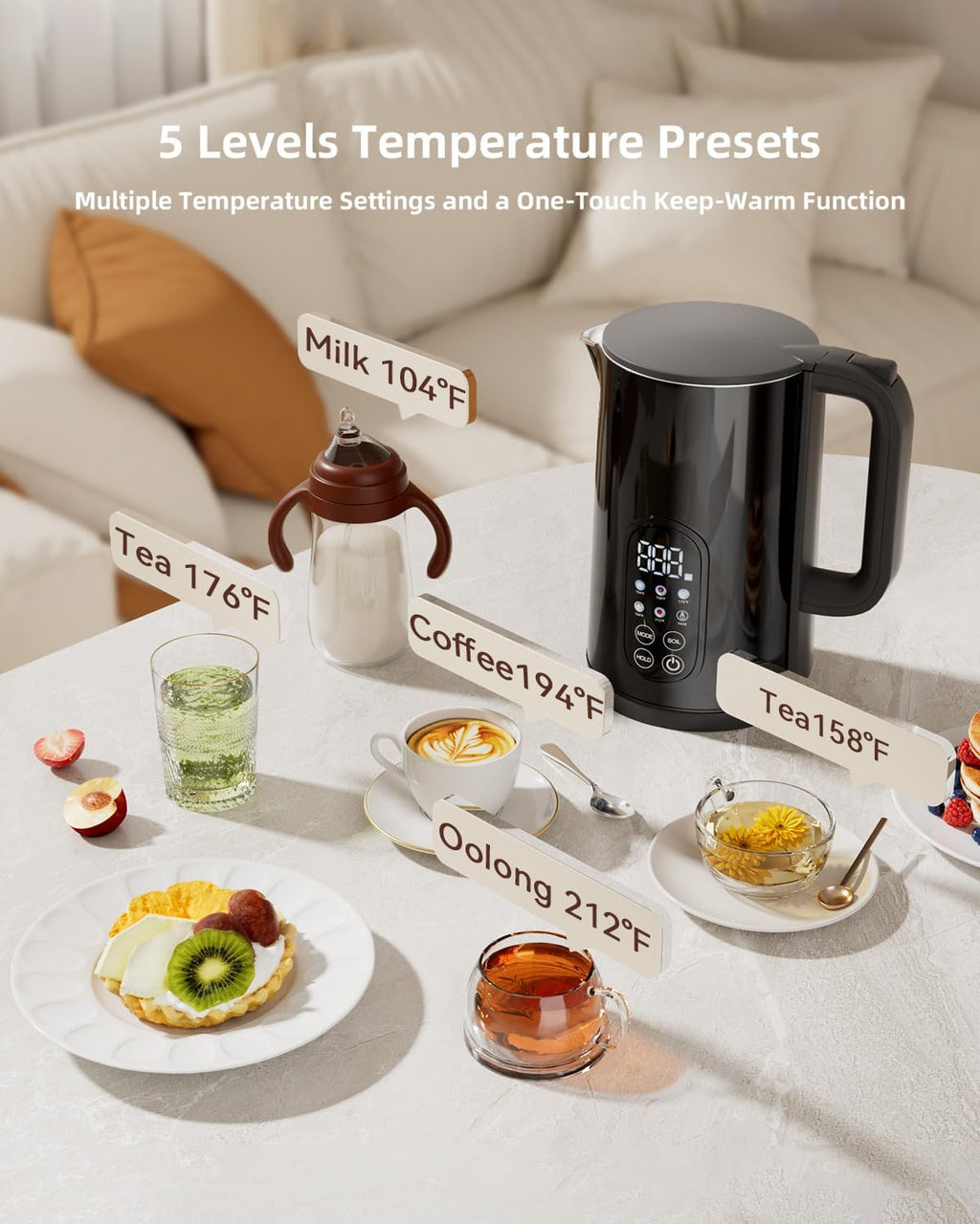 Electric Kettle with Temperature Control, 1.7L Cordless Kettle with 5 Presets, 2H Keep Warm, 304 Stainless Steel, BPA-Free, for Tea, Coffee & Baby Formula, Black