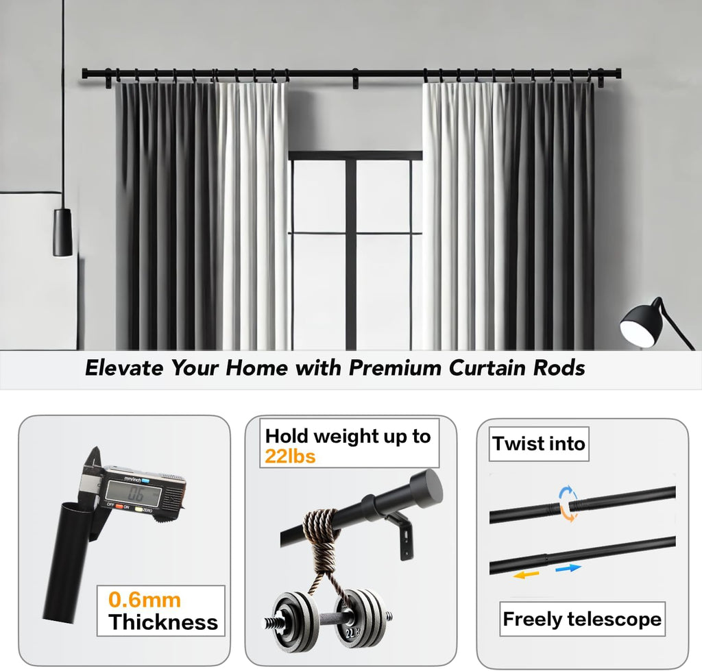 Black Curtain Rod for Windows 18 to 45 Inches, 1 Inch Adjustable Drapery Pole, Heavy Duty Outdoor/Indoor Modern Curtain Rods, Easy Installation(Black 18"-45")