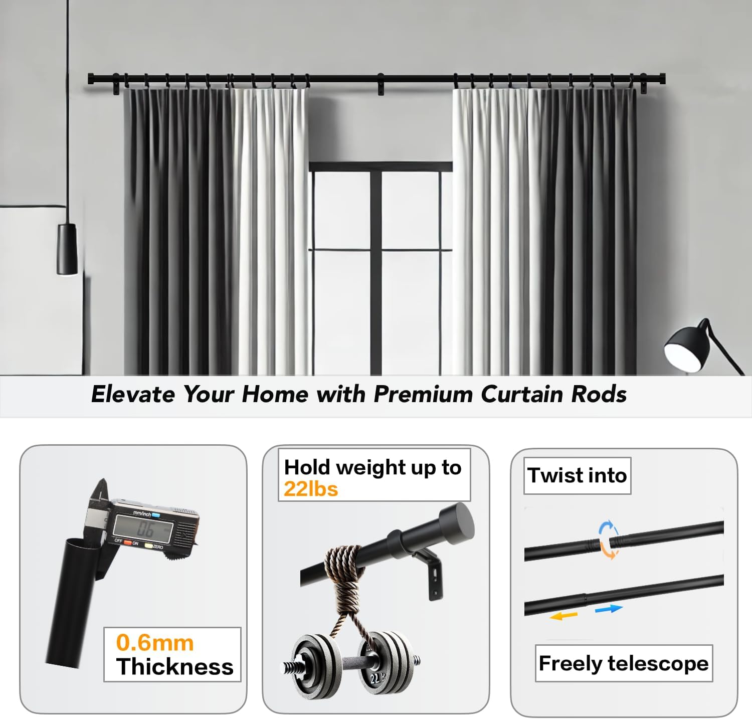 Black Curtain Rod for Windows 18 to 144 Inches, 1 Inch Adjustable Drapery Pole, Heavy Duty Outdoor/Indoor Modern Curtain Rods, Easy Installation(Black 18"-144")