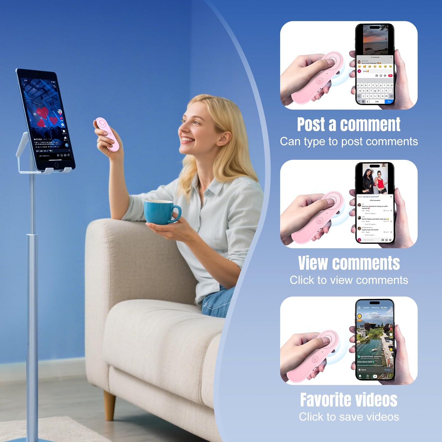 Phone Remote Controller - Bluetooth Remote for iPhone with Air Mouse Control, TikTok Scrolling Ring, Bluetooth Page Turner, Camera & Music Remote, YouTube & Instagram, iOS&Android, Pink