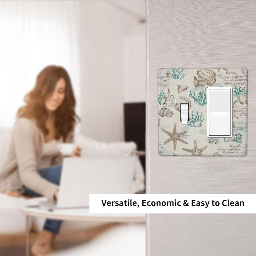 Mid Century Seashells Starfish Compass Outlet Covers 1 Toggle 1 Rocker Combination Decorative Wall Plate Electrical Switch Plates Light Switch Cover Plate For Nursery Kids Room Decor