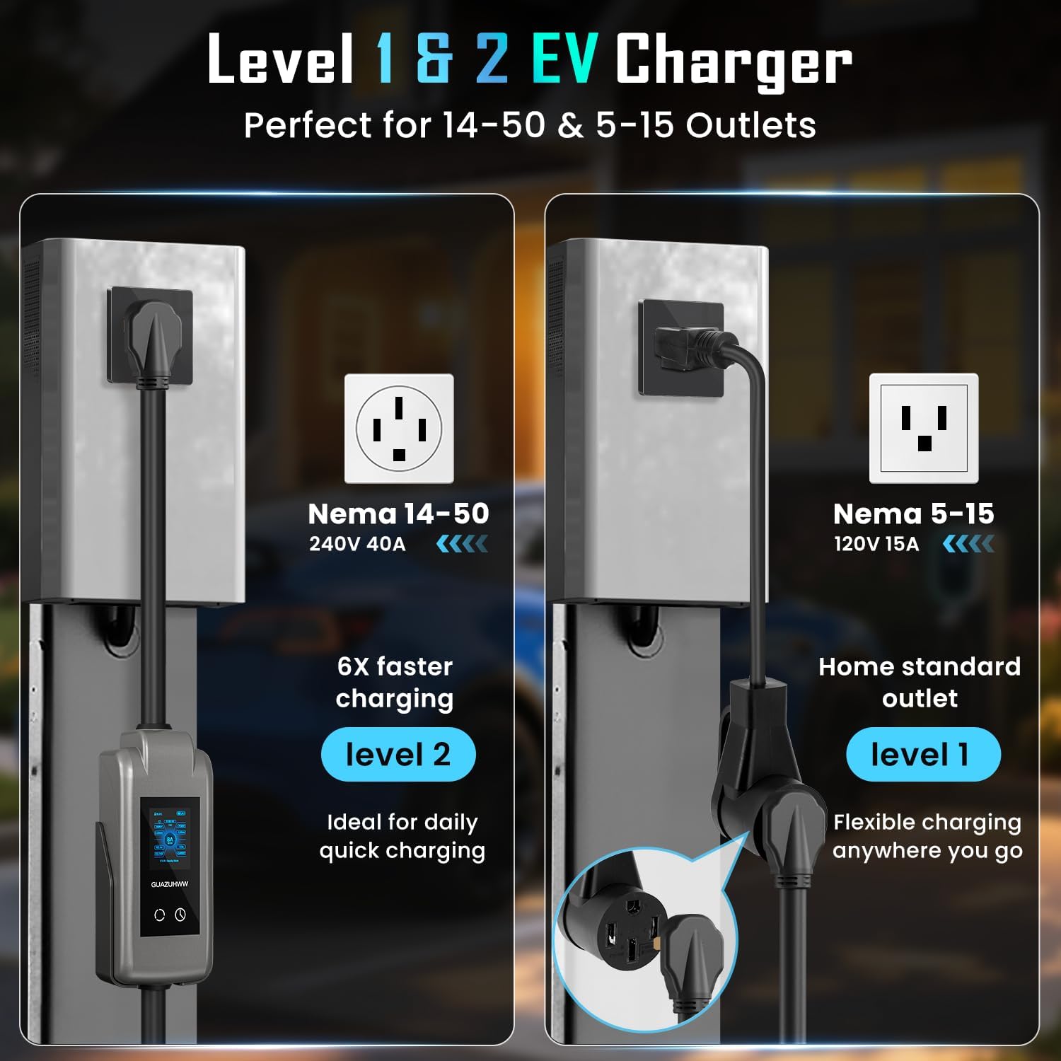 Level 2 EV Charger, 8X Faster Charging, Portable & IP66 Waterproof, NEMA 14-50 Plug for Home Garage & Outdoor Camping, Compatible with J1772 EVs (Tesla with Adapter) (32, Amps)
