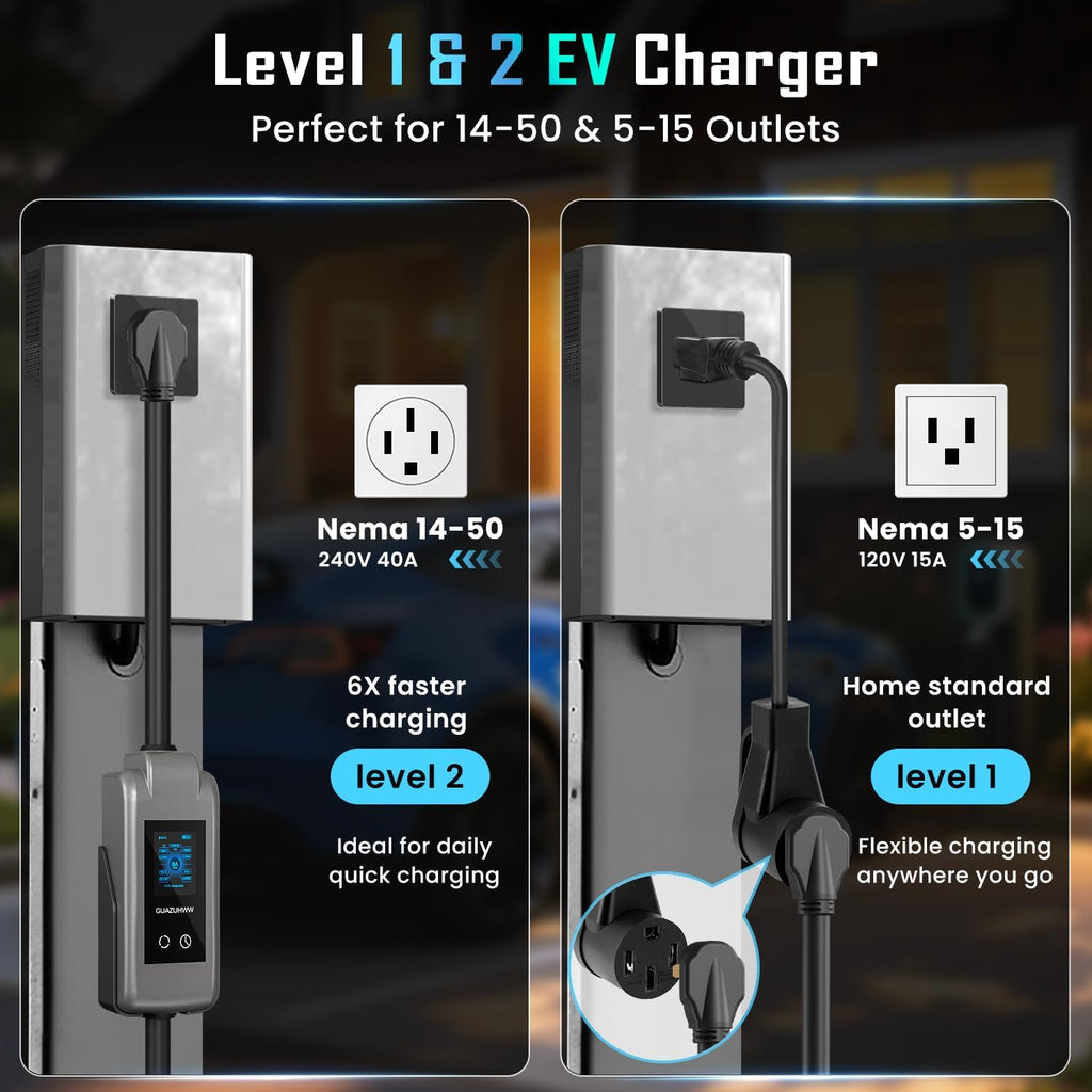 Level 2 EV Charger, 8X Faster Charging, Portable & IP66 Waterproof, NEMA 14-50 Plug for Home Garage & Outdoor Camping, Compatible with J1772 EVs (Tesla with Adapter) (40, Amps)