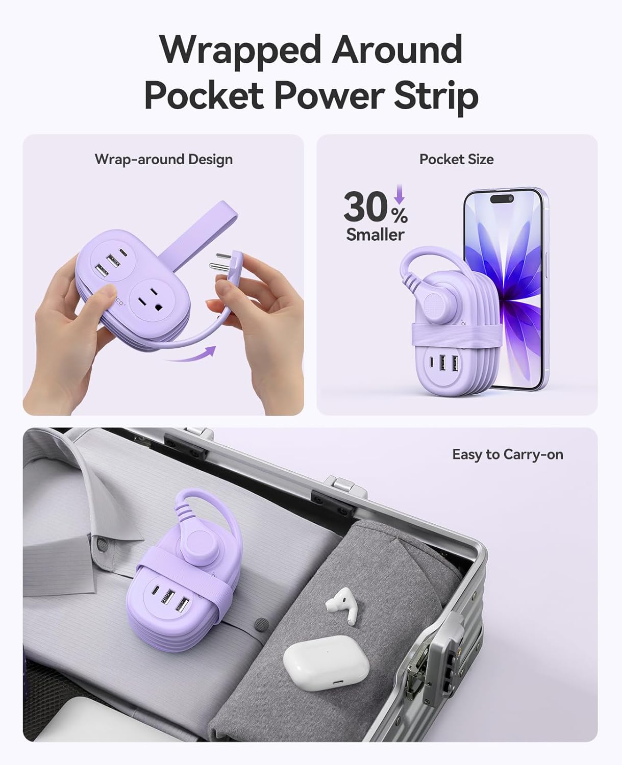 ORICO Pocket Power Strip for Travel, 5 in 1 Extension Cord with 2 AC Outlets 2 USB-A and 1 USB-C Ports, 3.7 ft Flat Plug Wrapped Around Power Strip for Cruise Office, Hotel, Home- AP3