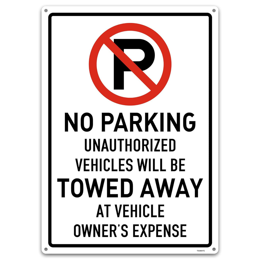 Brimar 12"x18" No Parking Vehicles Towed Away Sign - Aluminum, Weatherproof, Bold Red Lettering, Essential Warning for Vehicle Owners.
