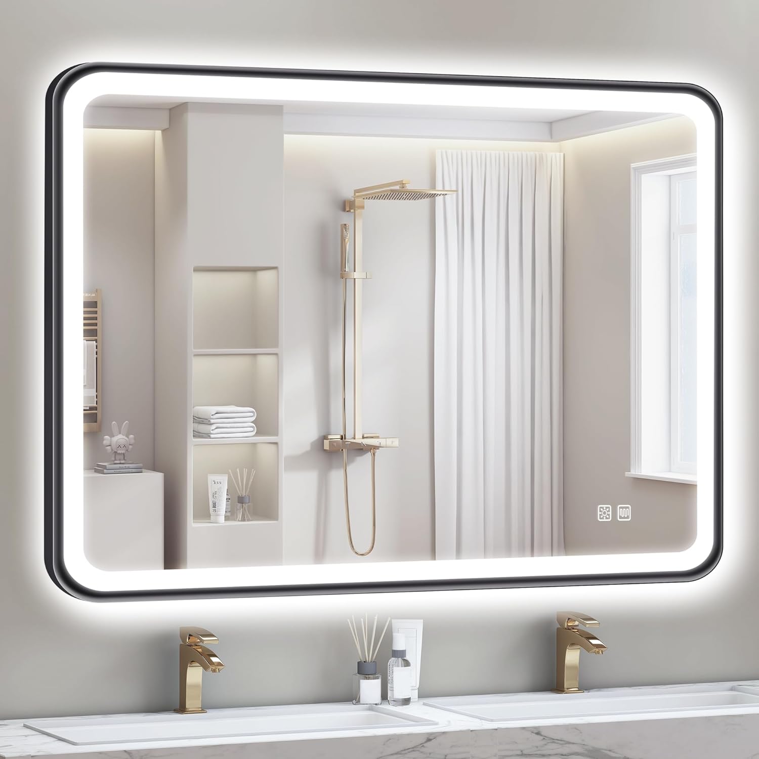 S'bagno 40X28 Black LED Mirror for Bathroom with Frontlit & Backlit, LED Bathroom Mirror with Metal Frame, Anti-Fog, Stepless Dimmable, 3 Colors Temperature LED Vanity Mirror(Horizontal/Vertical)