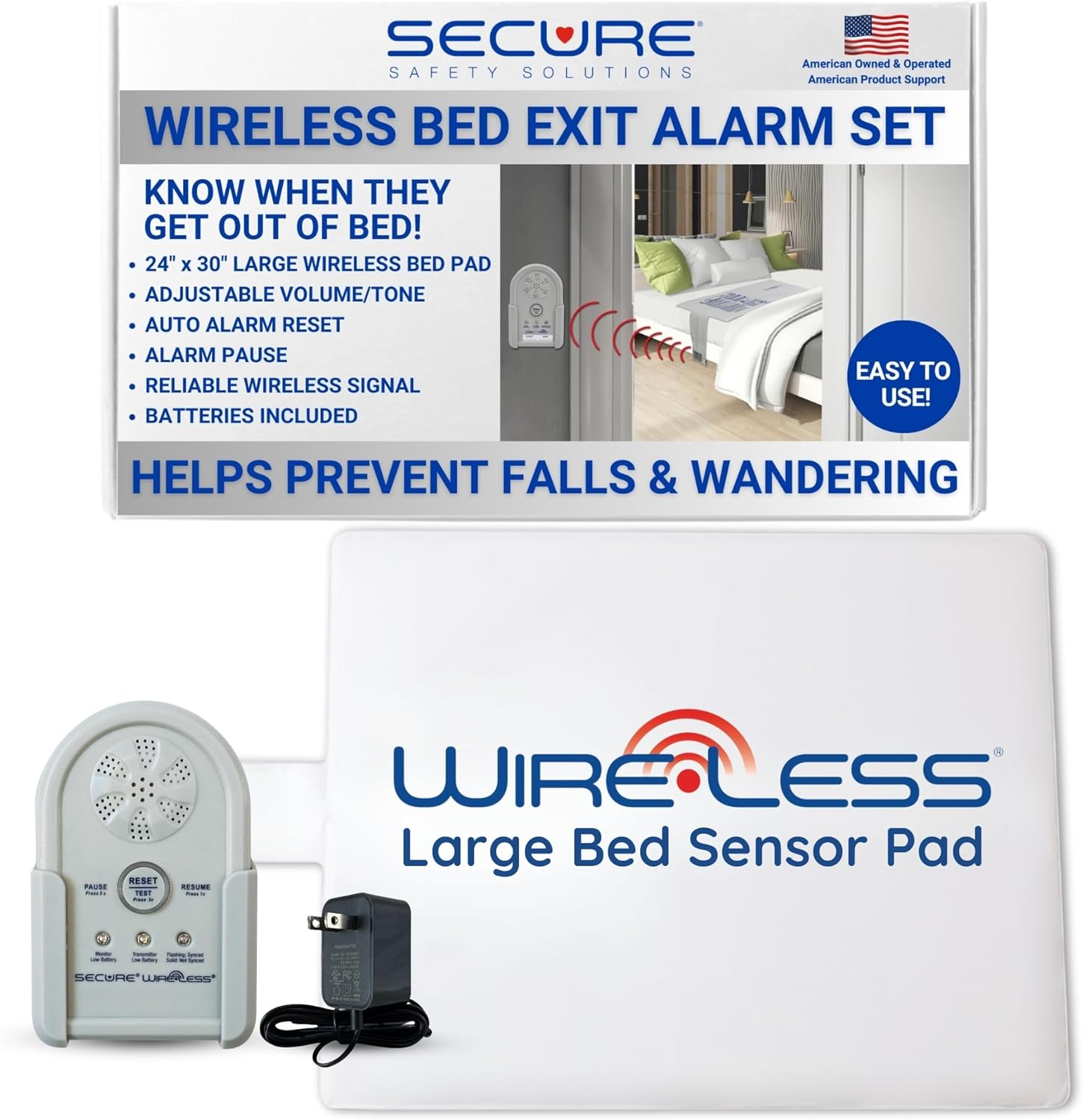 Secure Large Bed Alarm for Elderly Adults - Wireless Sensor Pad (24" x 30") & Monitor with Power Adapter - Fall Prevention and Wander Guard Safety for Dementia Patients Seniors