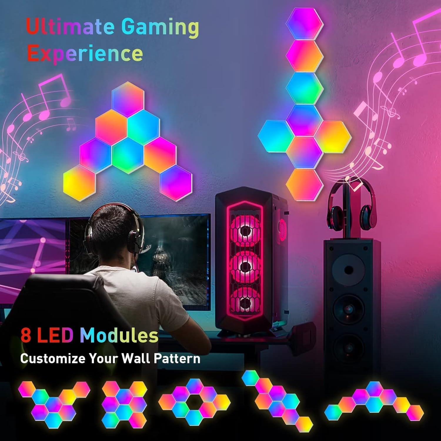 TISOFU Hexagon Lights (8 Pack) LED Wall Panels, RGB Gaming Lights with APP, Smart Modular Panel Hex Tiles Push Glide Expansion Shapes Light