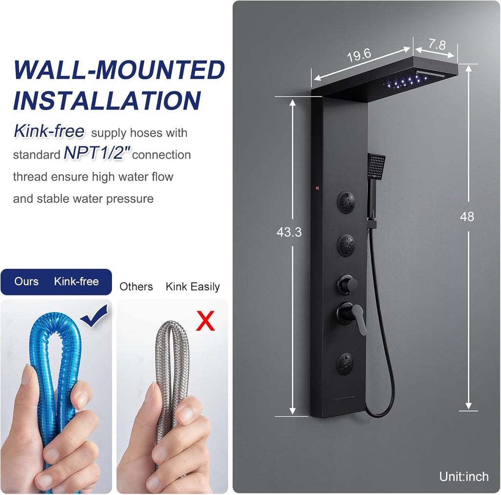 ROVATE LED Shower Panel Tower System with Rainfall Waterfall Shower, Matte Black Shower Panel with Jets and Rainfall and Handheld, 5 in 1 Stainless Steel Shower Tower High Pressure with Tub Spout