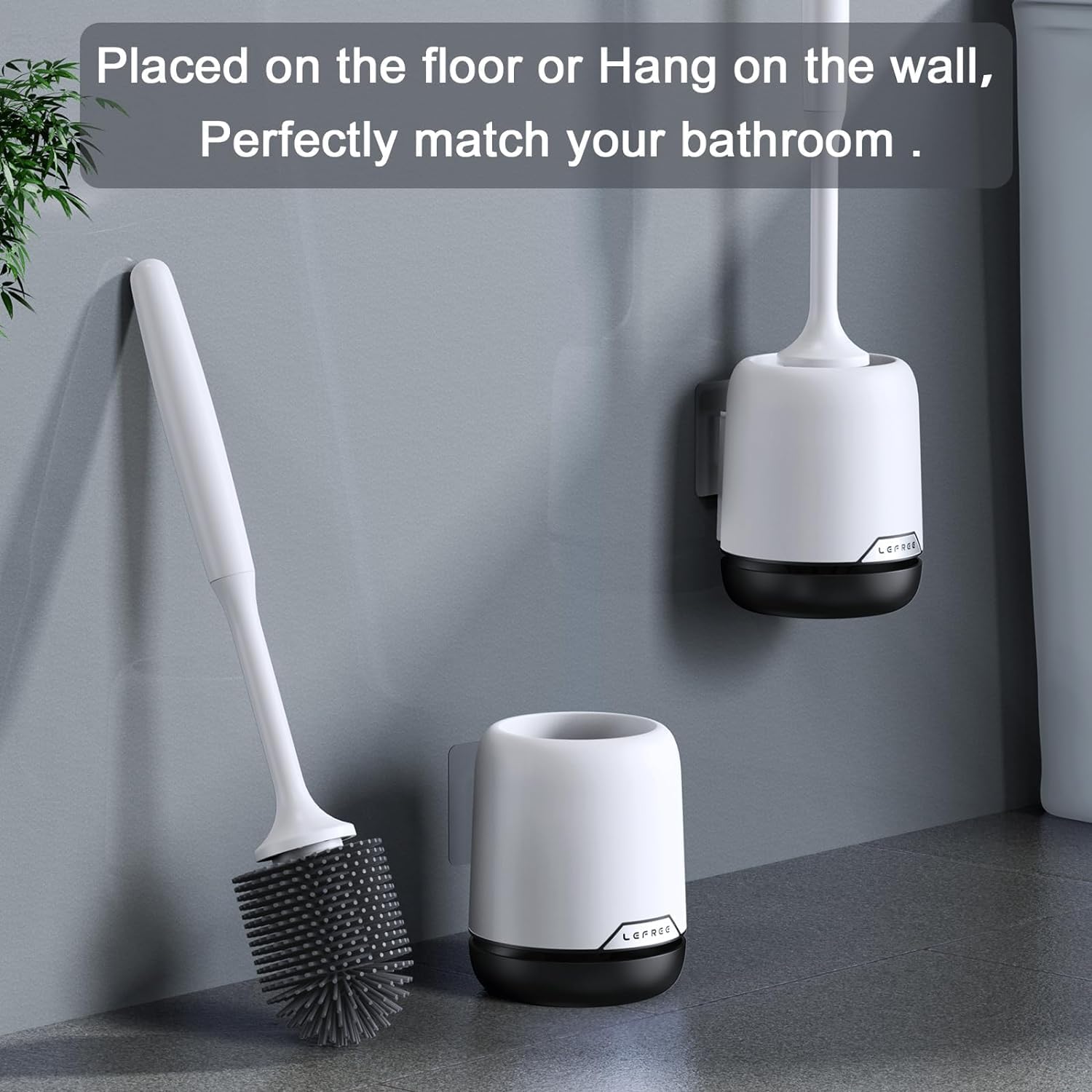 Lefree 2 Pack Silicone Toilet Brush,Rubber Toilet Bowl Brush and Holder Set with Ventilated Holder, Toilet Cleaner Brush for Bathroom,Floor Standing & Wall Mounted Toilet Scrubber Without Drilling