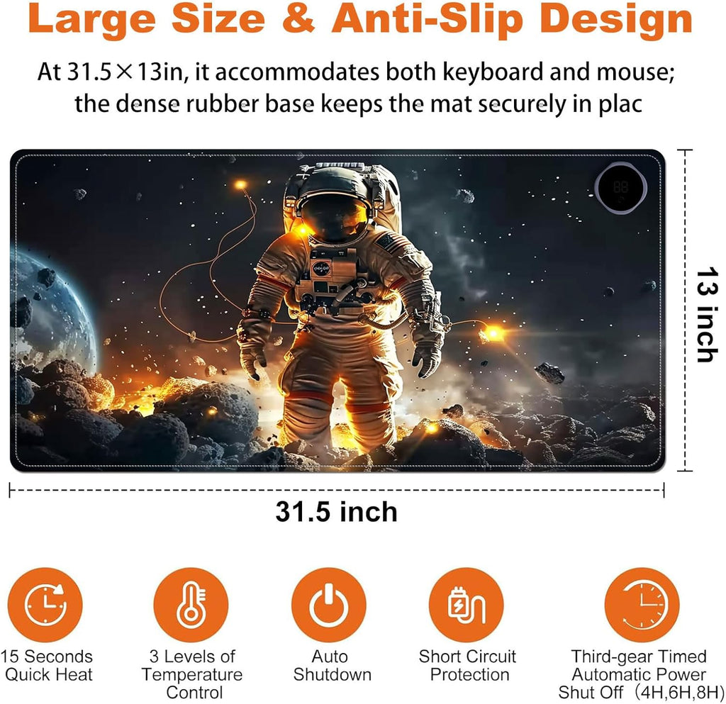 Heated Mouse Pad for Desk 31.5" x 13" – PU Leather Warm Desk Pad with 3 Heat Levels (104°F/113°F/122°F), Plug-in Electric Heating Mat with Auto Shut-Off, Waterproof & Rollable, Astronaut