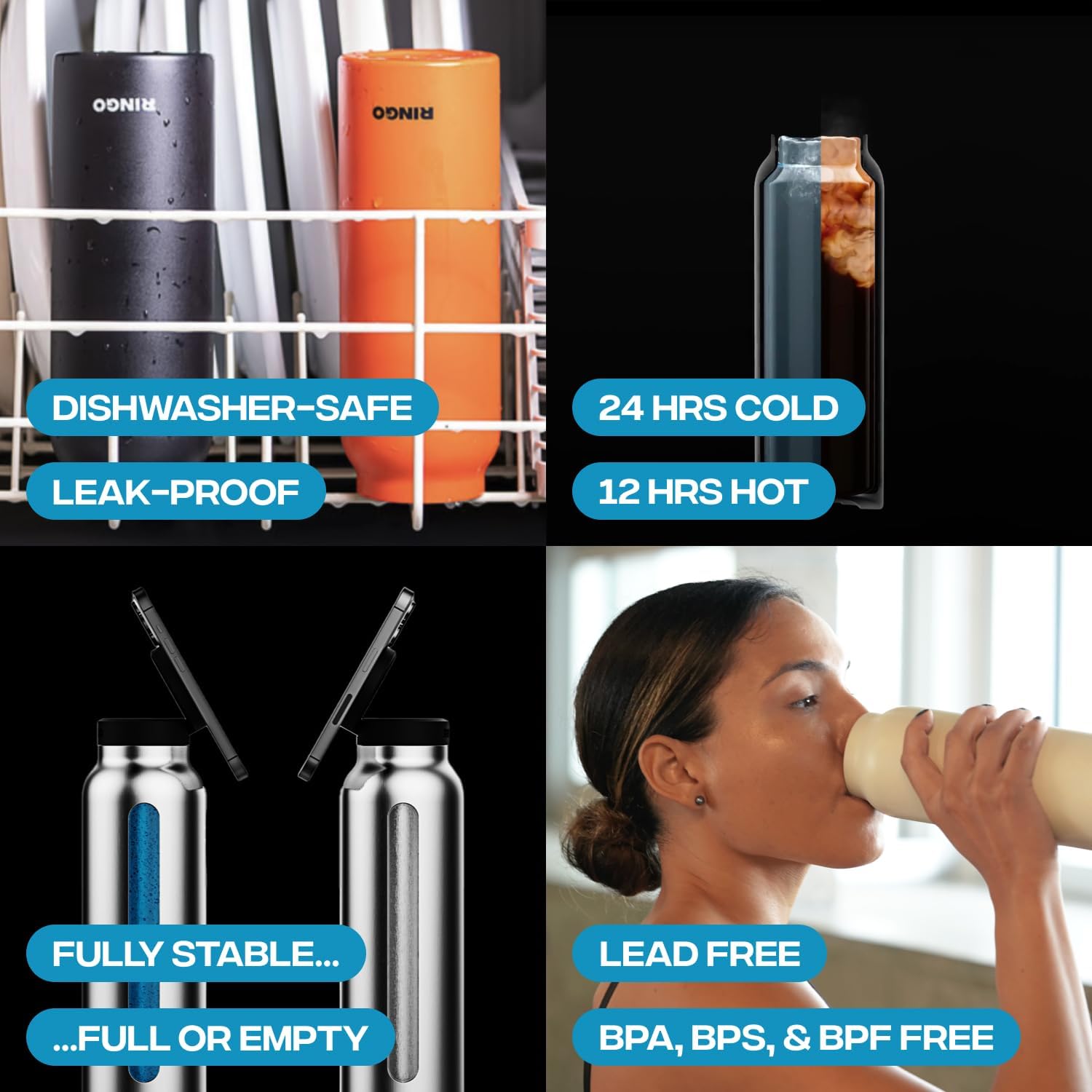 Ringo Insulated Water Bottle | Compatible MagSafe With Phone Holder | Stainless Steel Water Bottle With Magnetic Phone Tripod Mount | Hot for 12H, Cold for 24H, 360° Rotate - Ivory 24oz