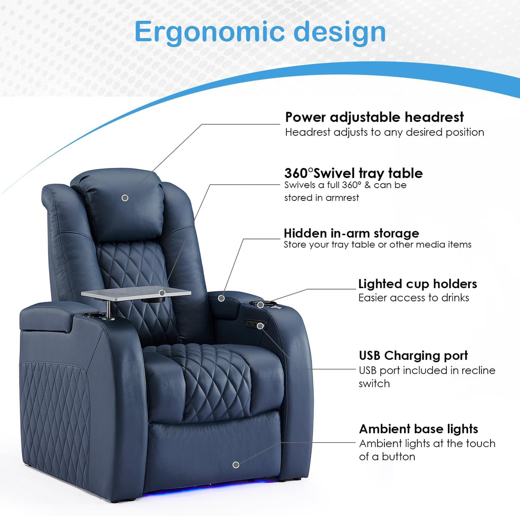 Weilianda Home Theater Seating Top Grain Leather Zero Gravity Recliner Chair Power Headrest Recline Movie Seat Gaming 7 Colors Mood Light Sofa with Tray Table USB Charge Row of 5 Loveseat Right Blue