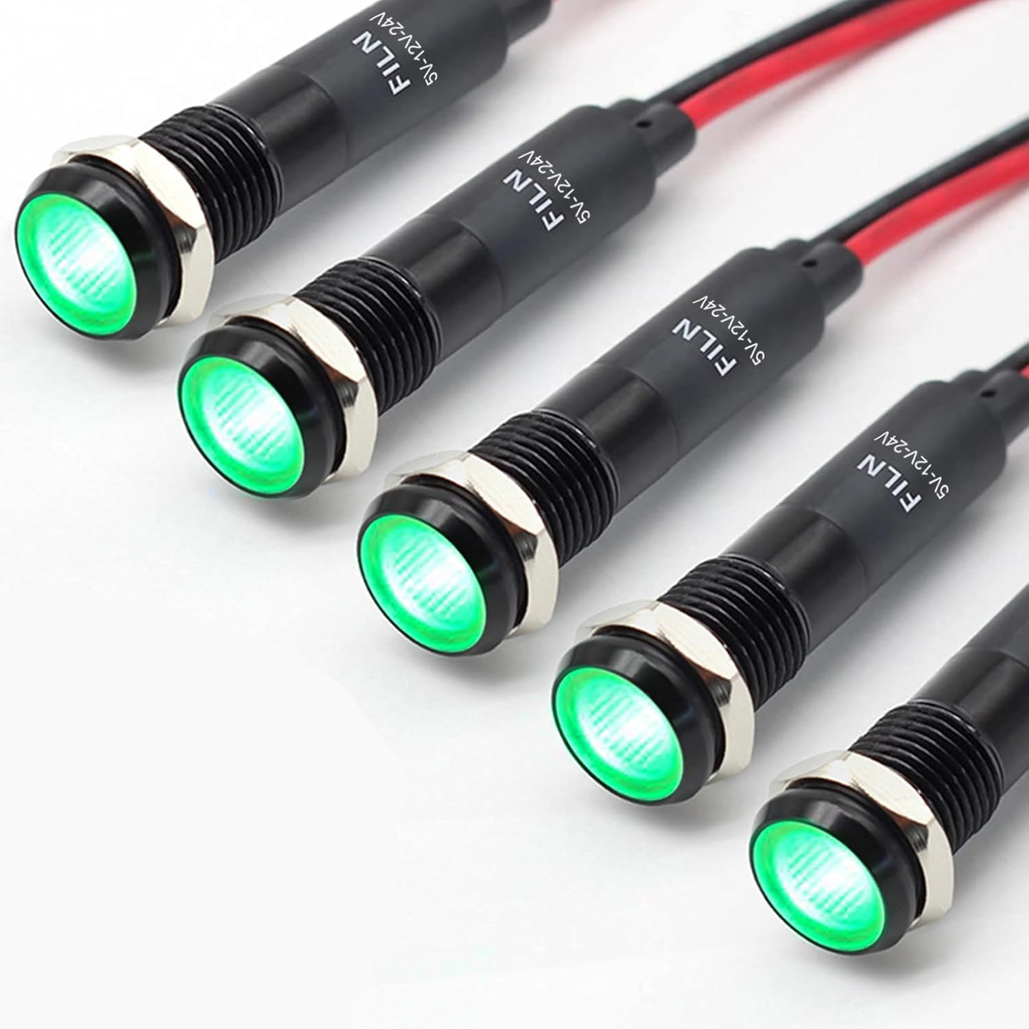 5Pcs 8MM (5/16'') led Indicator Light 12V 24V Metal Pilot Lamp Lights Aluminum Black Anodized Waterproof ip67 Red Signal Lamp Light(12V-Black Anodized-Green 5Pcs)