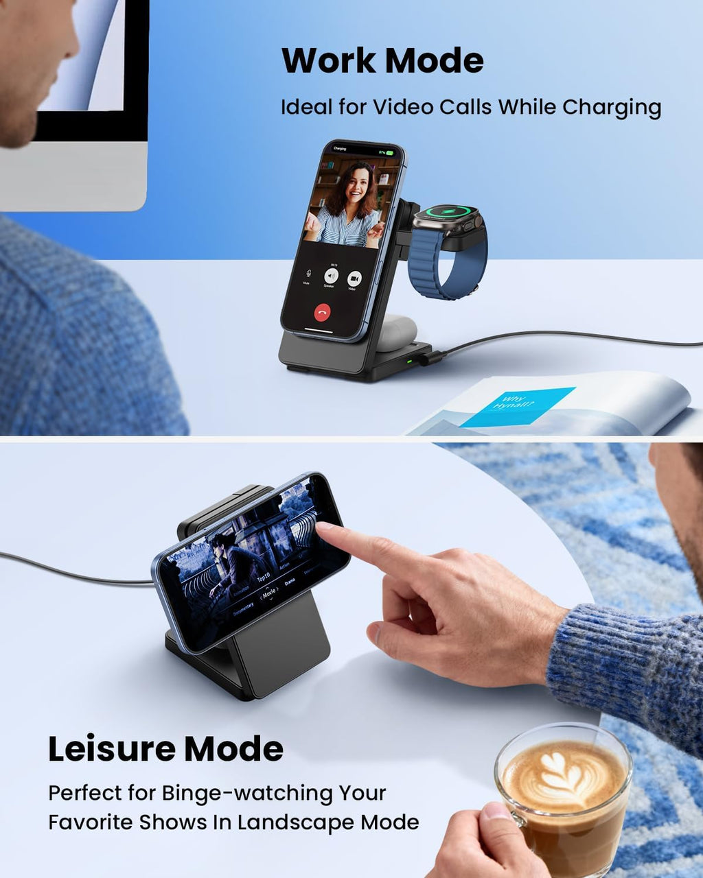 Magnetic Wireless Charger Stand for iPhone: CIYOYO Qi2 15W Max 3-in-1 Fast Charging Station, Foldable Wireless Charger for iPhone 17 16 15 14 13 12 Series, Apple Watch & AirPods, Portable Travel Dock