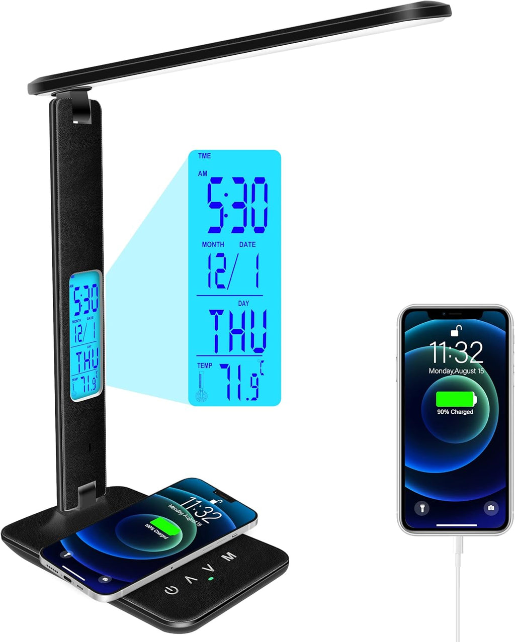 Desk Light with Wireless Charger, USB Charging Port, Dimmable Office Desk Lamp with Clock, Alarm, Date, Temperature, Foldable Lamp for Table Bedroom Bedside Office