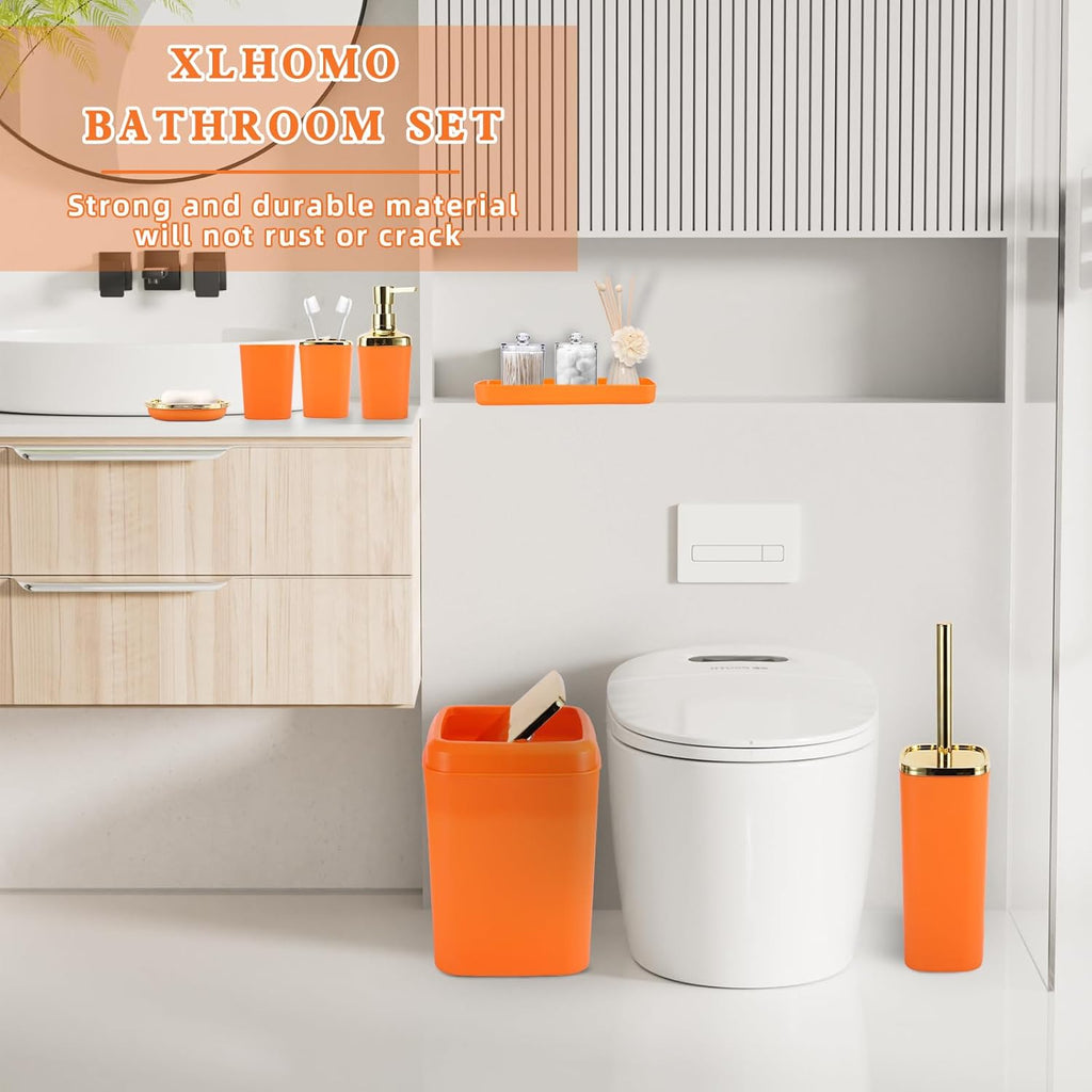 Orange Bathroom Accessories, Bathroom Sets with Stripe Shower Curtain, Orange and Gold Bathroom Accessories Set with Trash Can, Soap Dispenser, Soap Dish, Qtip Holders for Bathroom