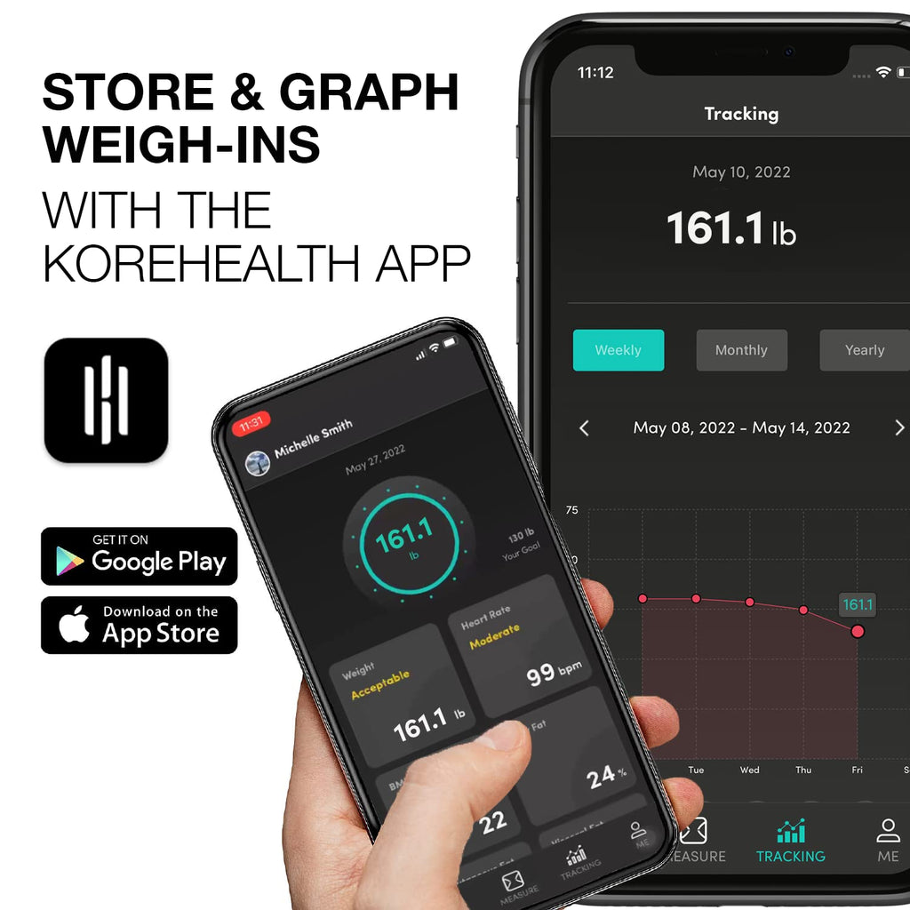 Korescale Digital Smart Scale with BMI, Body Fat, Muscle Mass, Weight | Highly Accurate Bathroom Scales, Bluetooth Composition Analyzer | Compatible with KoreHealth (White)