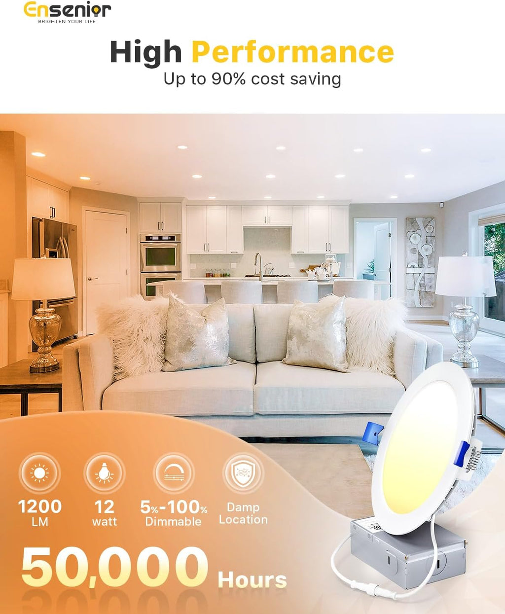 Ensenior 12 Pack 6 Inch Ultra-Thin LED Recessed Light with Junction Box, 2700K-6000K Selectable, 12W 110W Eqv, Dimmable, 1050LM High Brightness - ETL Certified
