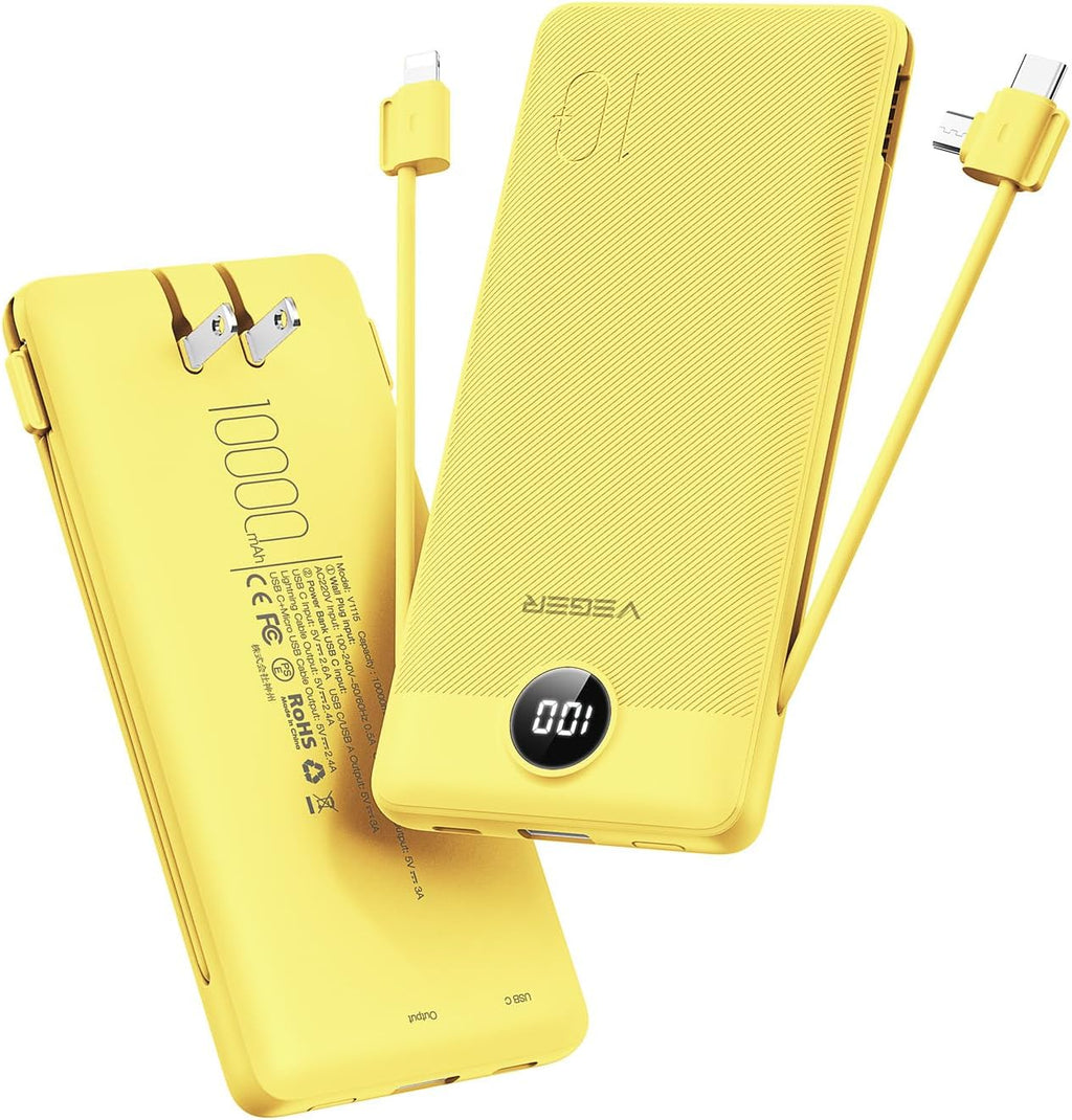 VEGER Portable Charger with Built-in AC Plug and Cables, All in One 10000mAh Ultra Slim Power Bank Travel Essentials, 15W Fast Charging Battery Pack Compatible with iPhone, Samsung, Android (Yellow)